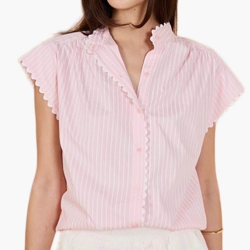 English Factory Women's Pink Striped Ruffle Trim Button-Up Top